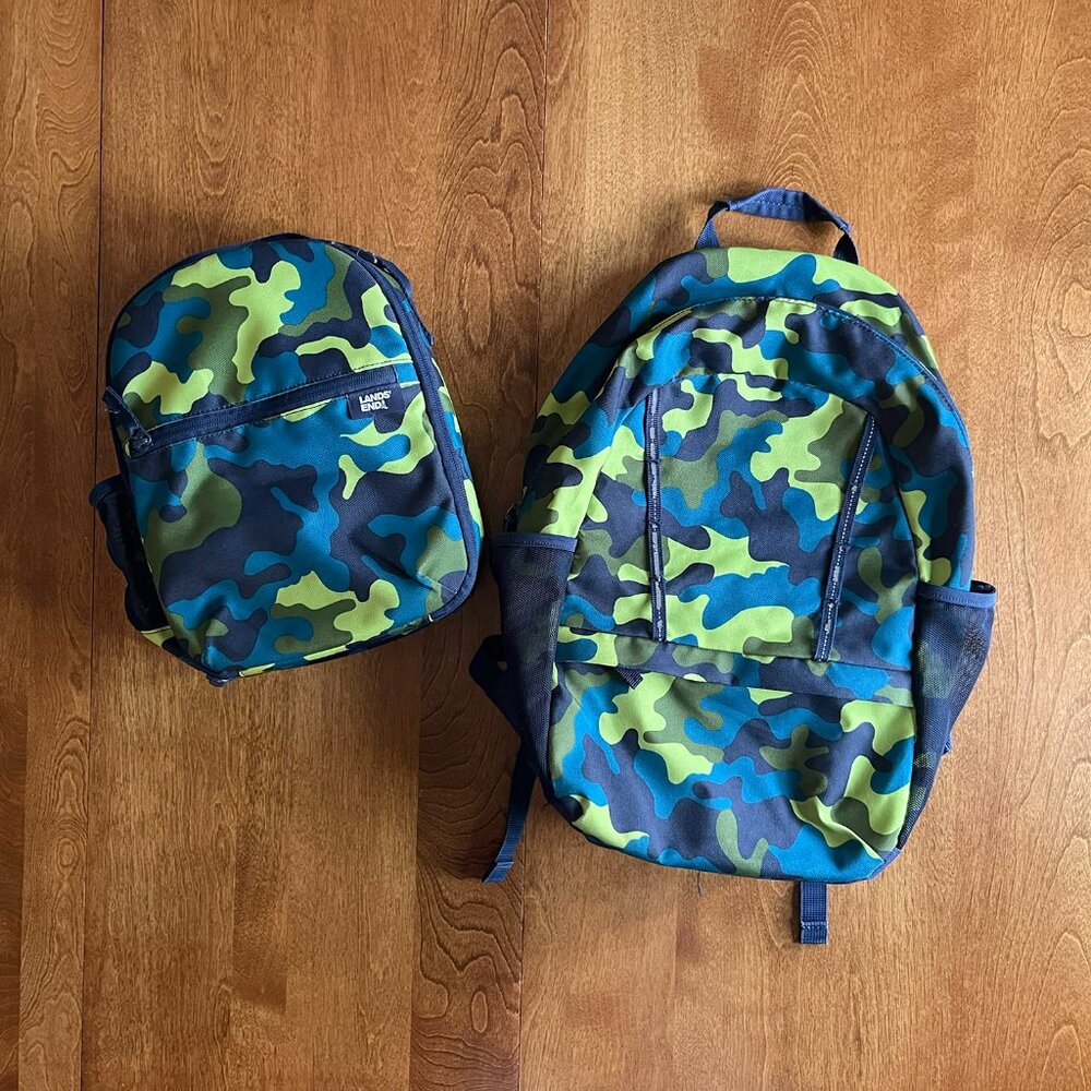 Lands' End small camo backpack and lunchbox